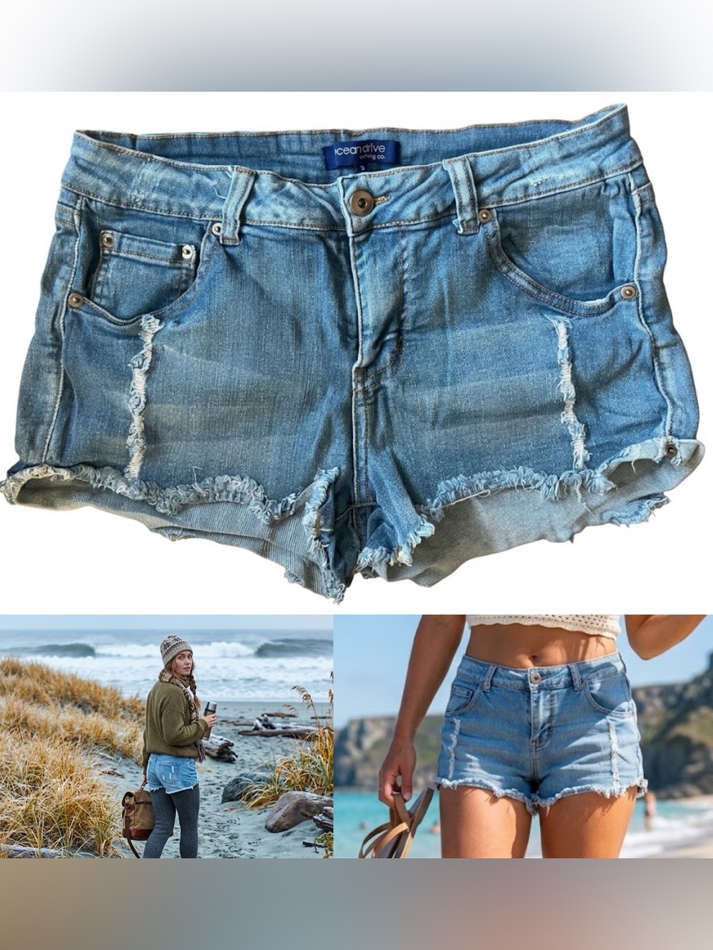 Ocean Drive Premium Distressed Blue Denim Cutoff Shorts Frayed Hem Boho Grunge 3
